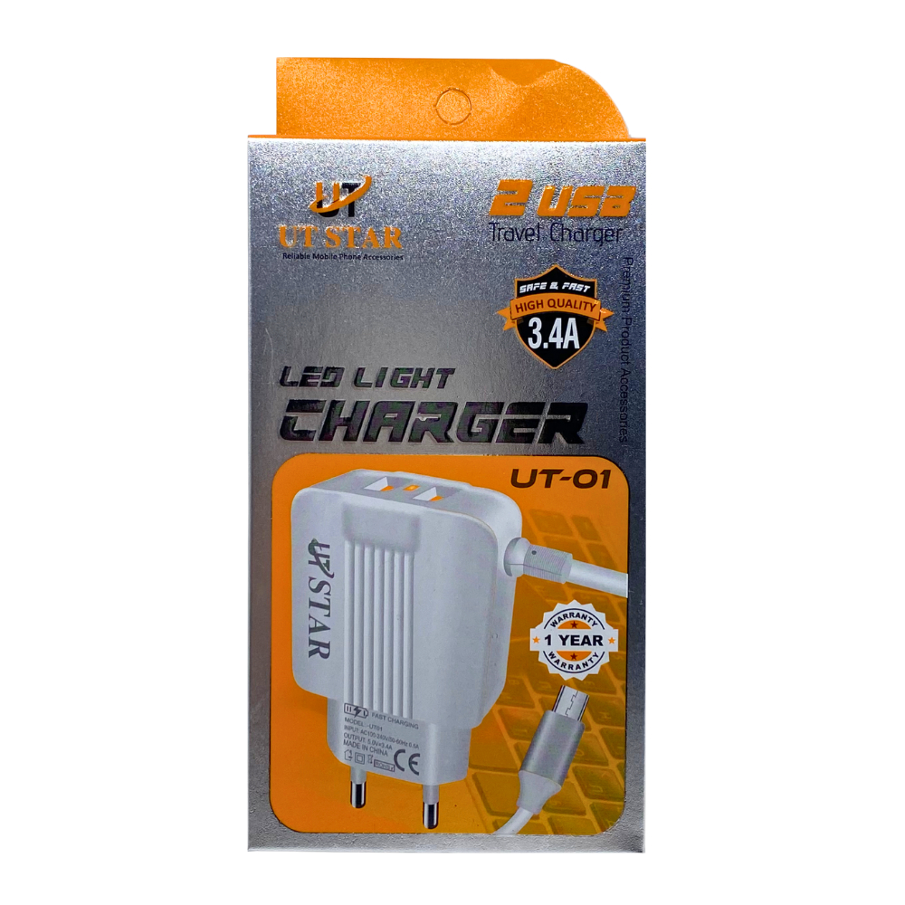 UT STAR LED LIGHT CHARGER MATEL PIN  (3.4A) MICRO (UT-01) [CH UT01]